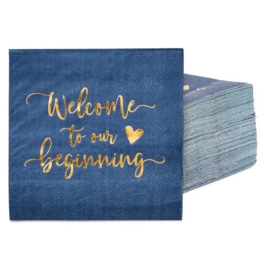 Sparkle and Bash; 100 Pack Navy Blue Wedding Cocktail Napkins Bulk for Reception, Welcome to our Beginning, Gold Foil (5 x 5 In); Category:Napkins; Image:1